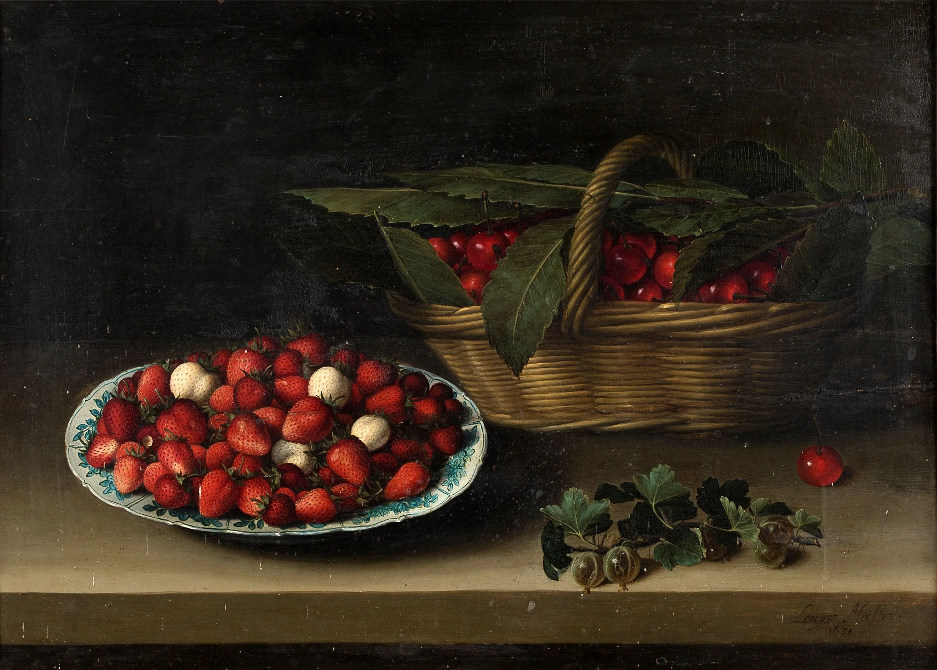 Still Life with a Bowl of Strawberries, Basket of Cherries, and Branch of Gooseberries, detail