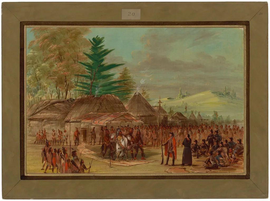 Chief of the Taensa Indians Receiving La Salle.  March 20, 1682, by George Catlin, oil, 1848