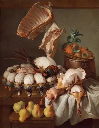 Still Life with Dressed Game, Meat, and Fruit, by Alexandre-François Desportes, oil, 1734