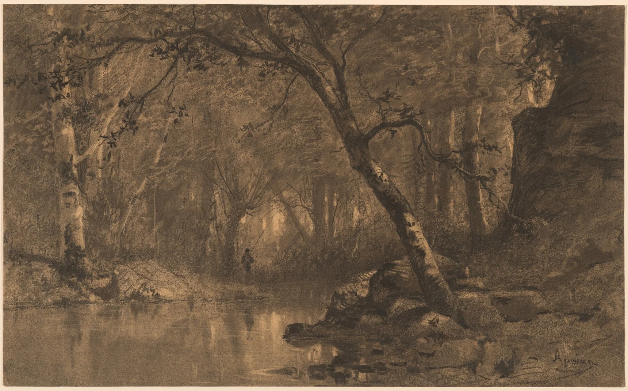 A Woodland River with a Fisherman, detail
