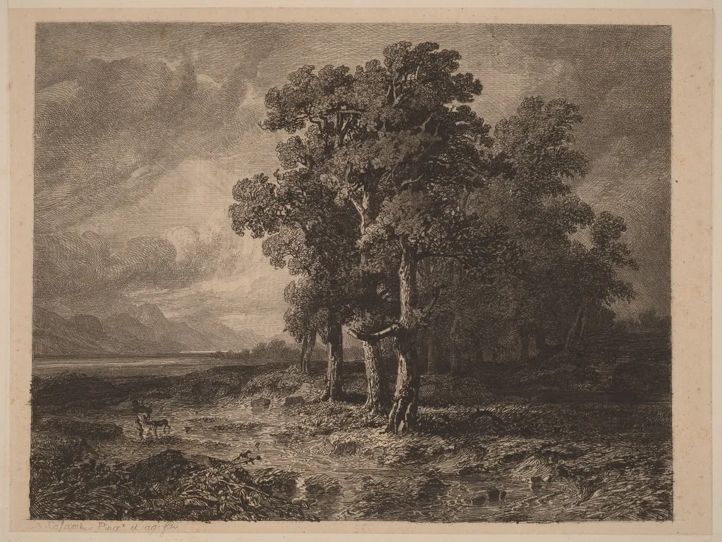 Trees in a Storm, by Alexandre Calame, ink, 1840