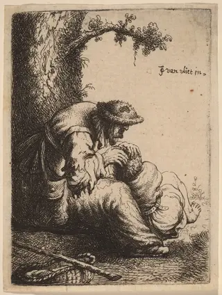 Beggar Woman Fleaing a Boy, by Johannes van Vliet, ink, 1632