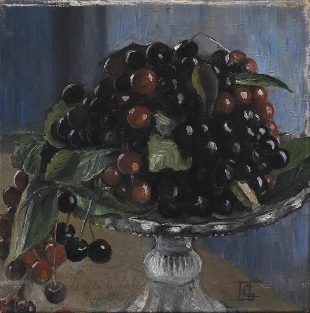 Kirsebær i en frugtskål. Cività d'Antino, by Poul Simon Christiansen, oil, 1905