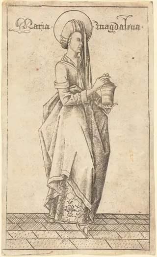 Saint Mary Magdalene, by Israhel van Meckenem, ink, 1470