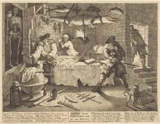 Hudibras beats Sidrophel and his man Whacum, by William Hogarth, ink, 1726