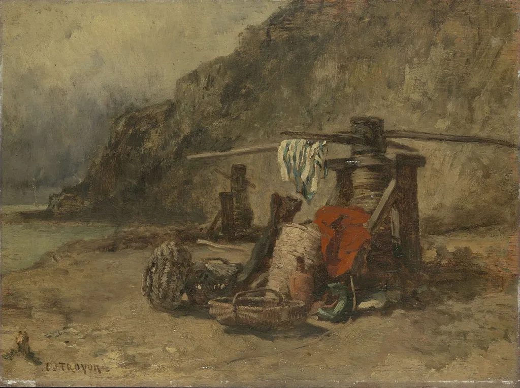 Strandgezicht met kaapstanders, by Constant Troyon, oil, 1852