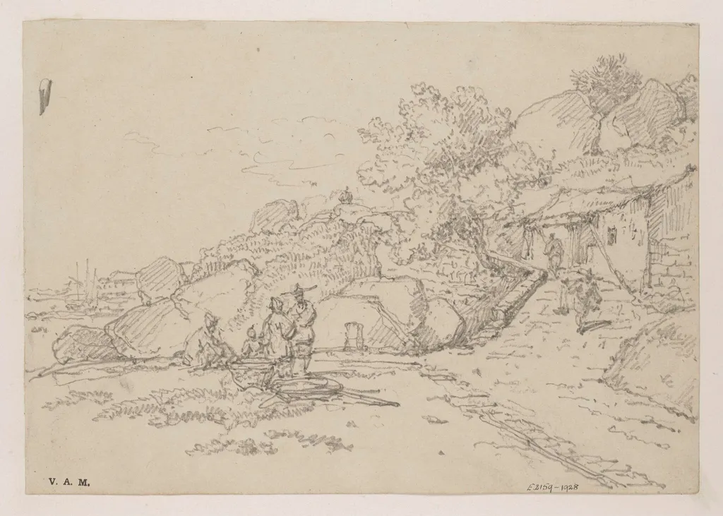 A small building  on a rocky hillside, with a group of figures and the bay at left, by George Chinnery, 19