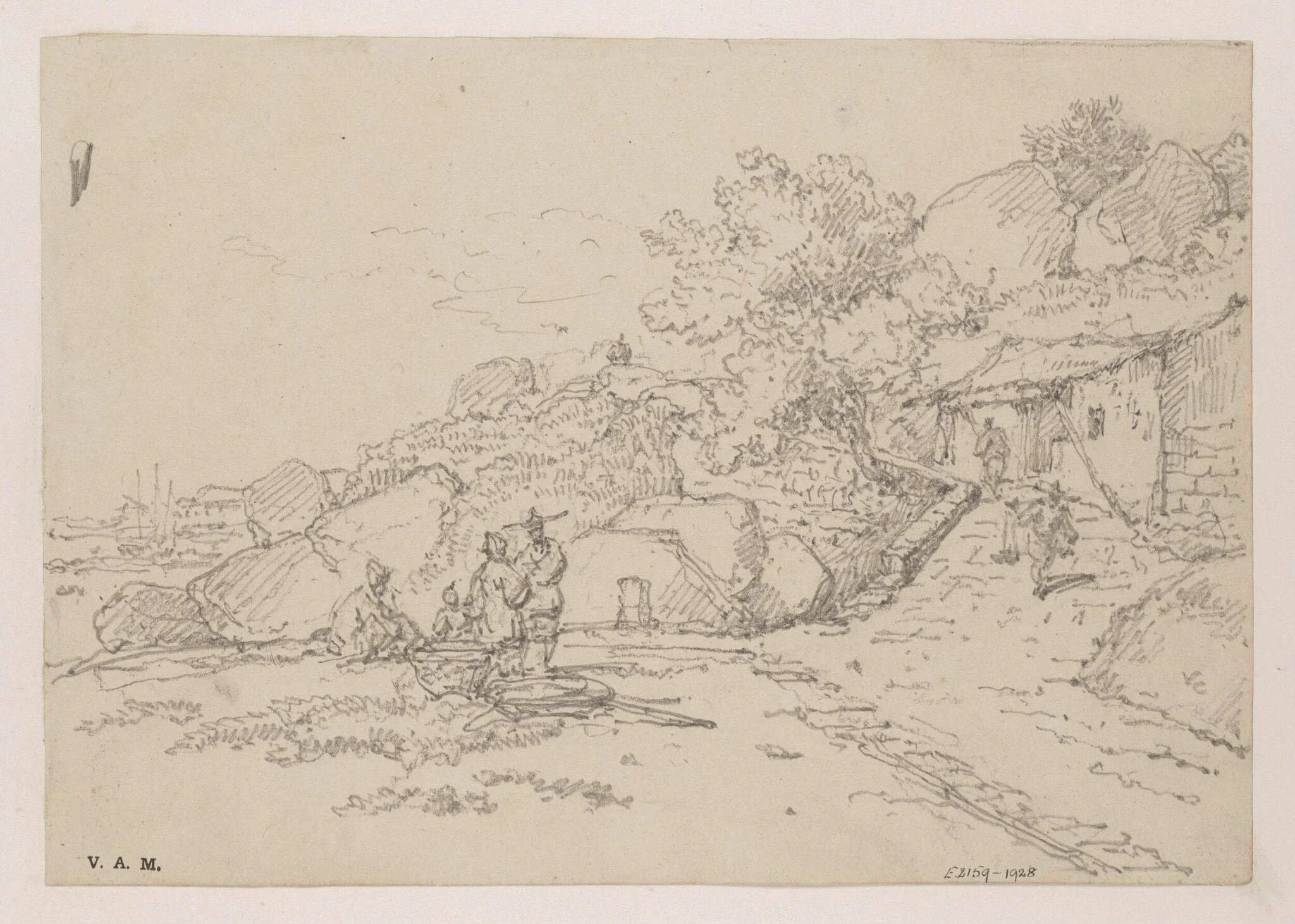 A small building on a rocky hillside, with a group of figures and the bay at left, detail