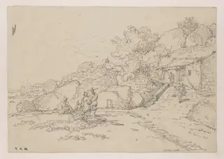 A small building  on a rocky hillside, with a group of figures and the bay at left, by George Chinnery, 19
