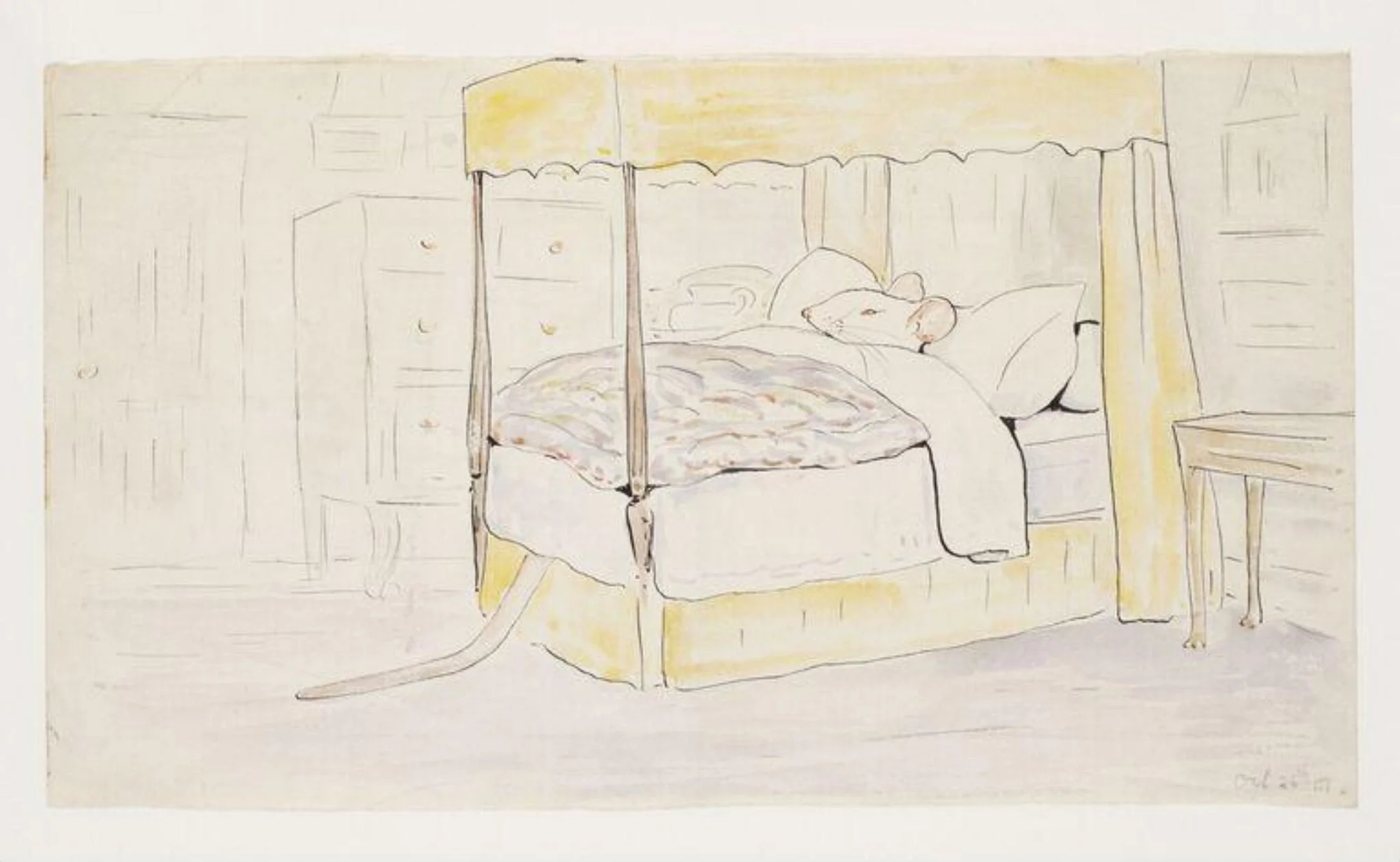 A white mouse in a four-poster bed, detail