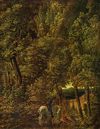 Countryside of Wood With Saint George Fighting the Dragon, by Albrecht Altdorfer, oil, 1510