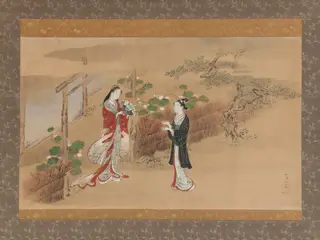 "Evening Faces" (Yūgao) chapter from The Tale of Genji (Genji monogatari), by Kawamata Tsunemasa, unspecified, 1749