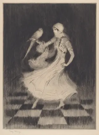 Woman Dancing with a Parrot, by Troy Kinney, ink, 1915