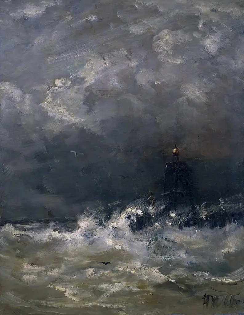 Lighthouse in Breaking Waves, by Hendrik Willem Mesdag, oil, 1892