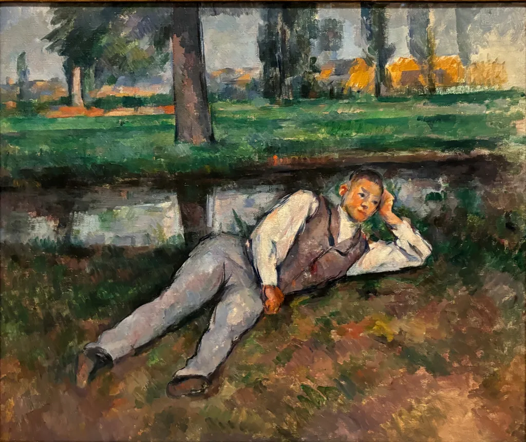 Garçon couché (Boy by the Brook), by Paul Cézanne, oil, 1896