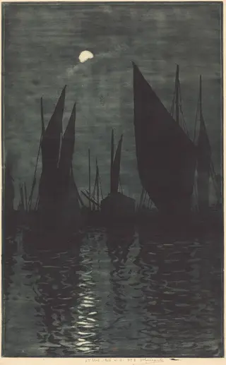 Moonlight in the Harbor at Dieppe, by Henri-Charles Guérard, ink, 1885