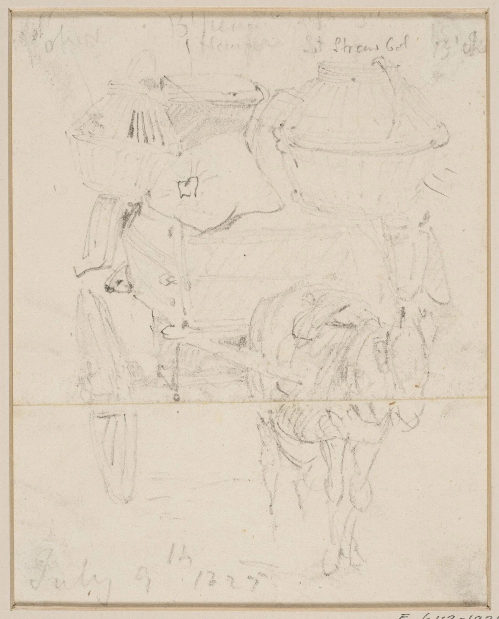 A donkey drawing a cart laden with lobster pots, detail