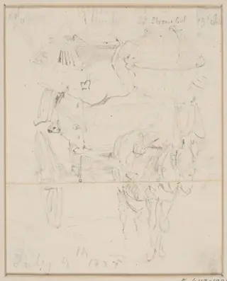 A donkey drawing a cart laden with lobster pots, by John Sell Cotman, 1827