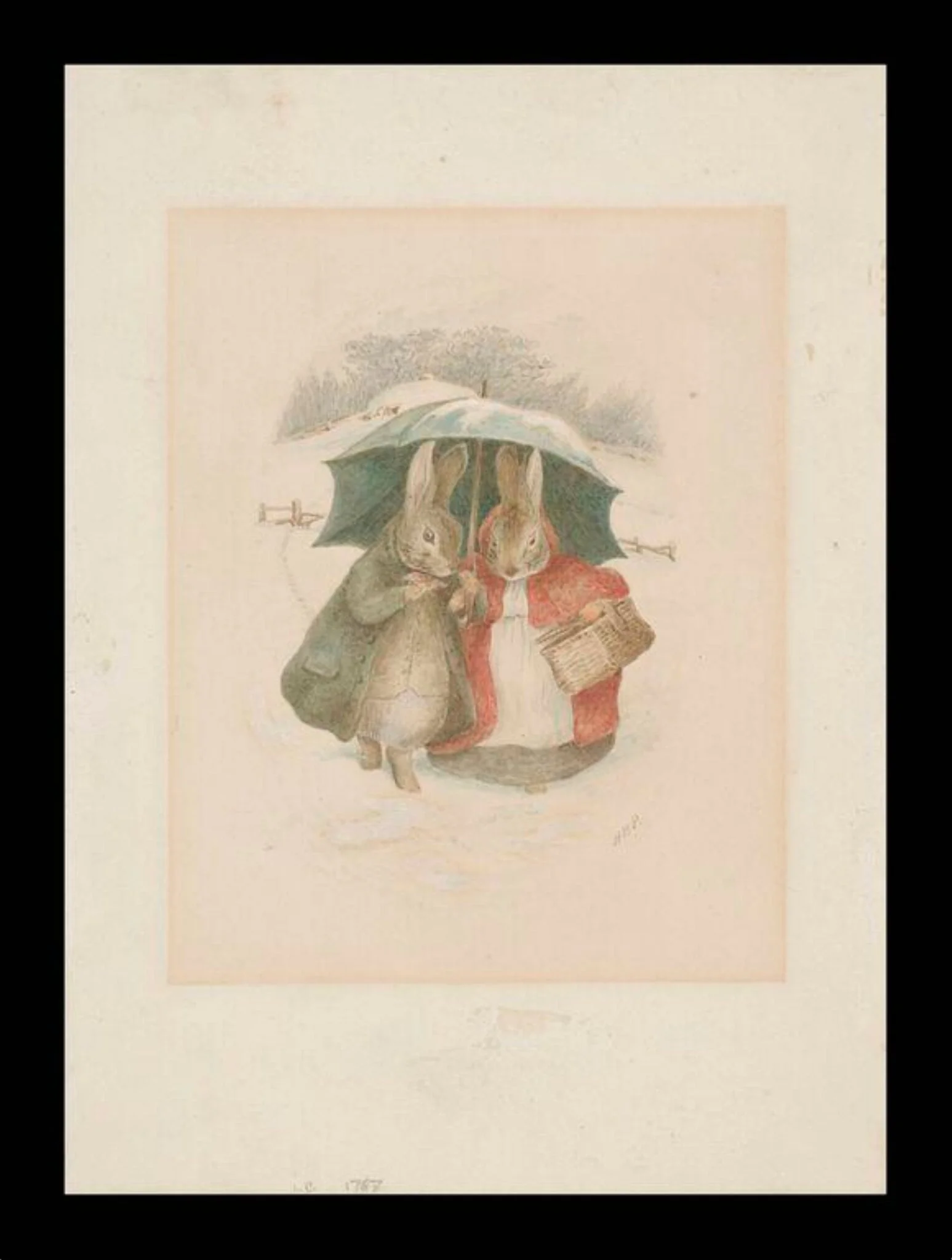 A gentleman and lady rabbit walking through the snow under an umbrella, detail