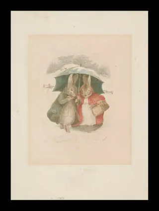 A gentleman and lady rabbit walking through the snow under an umbrella, by Beatrix Potter, watercolor, 1890