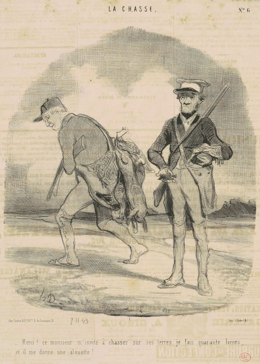 Merci! Ce monsieur m'invite a chasser ..., by Honoré Daumier, ink, 1843