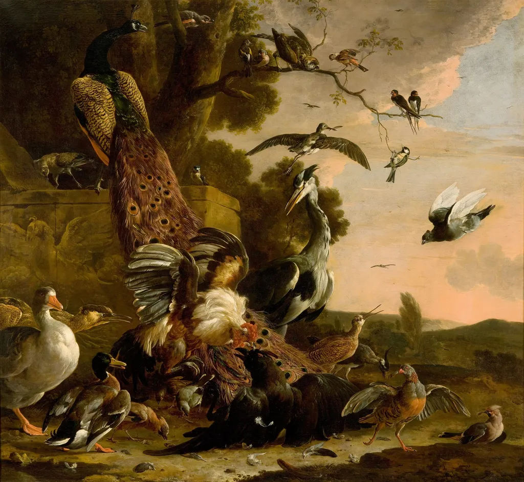 The Raven Robbed of the Feathers He Wore to Adorn Himself, by Melchior d' Hondecoeter, oil, 1671