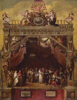 The Stage of the Chamber of Rhetoric De Goudbloem (The Marigold), by Theodoor van Thulden, oil, 1635