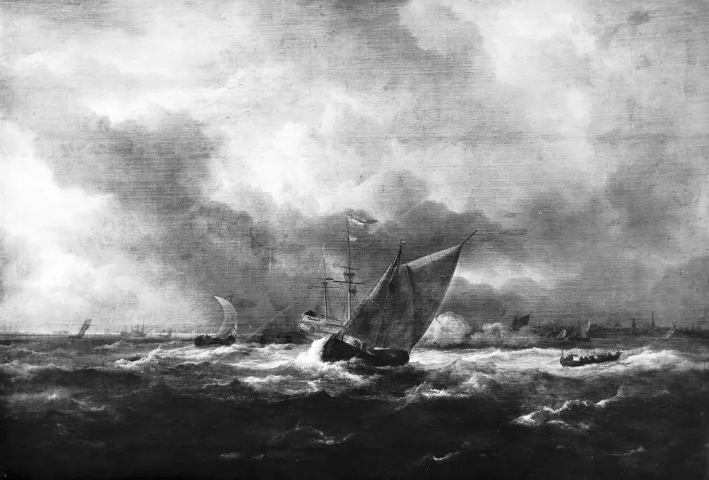 Ships in stormy weather, by Jacob van Ruisdael, oil, 1670