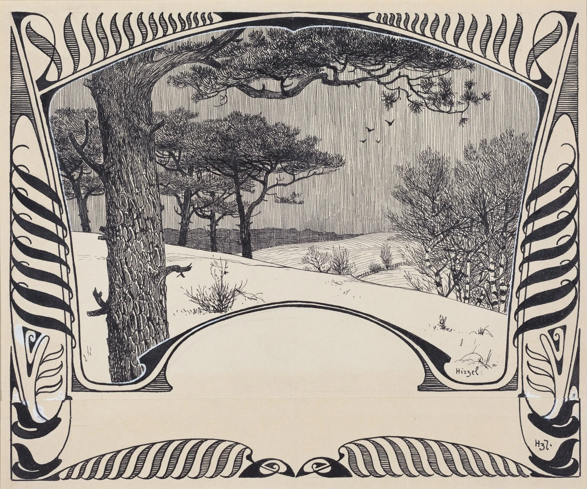 A Winter Landscape Within a Jugendstil Border, detail