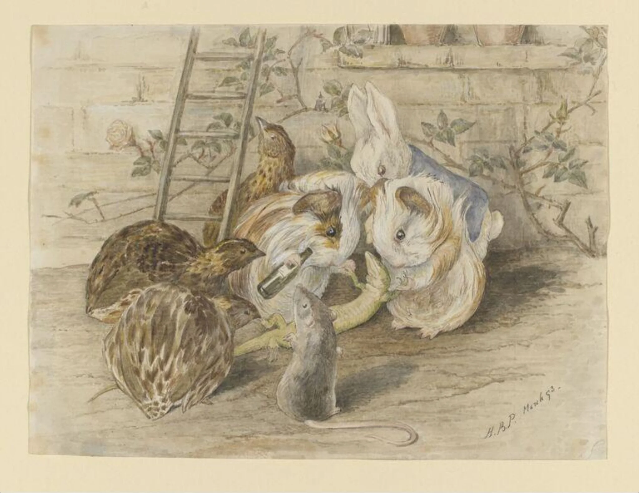 The little lizard, Bill, supported by two guinea-pigs, detail