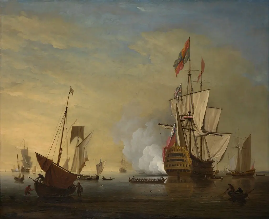 Harbor Scene: An English Ship with Sails Loosened Firing a Gun, by Peter Monamy, oil, 1726