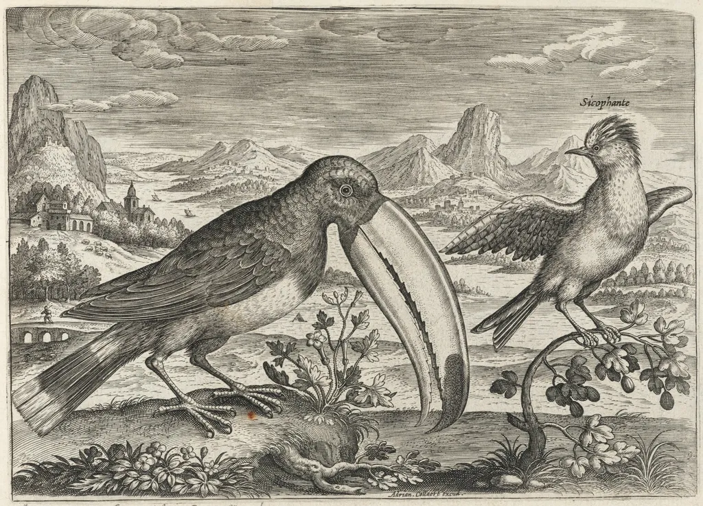 Toucan and Another Tropical Bird, by Adriaen Collaert, ink, 1600