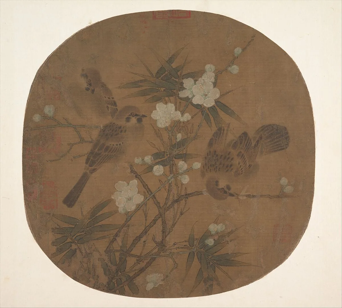 南宋 佚名 竹梅小禽圖 團扇|Sparrows, plum blossoms, and bamboo, detail
