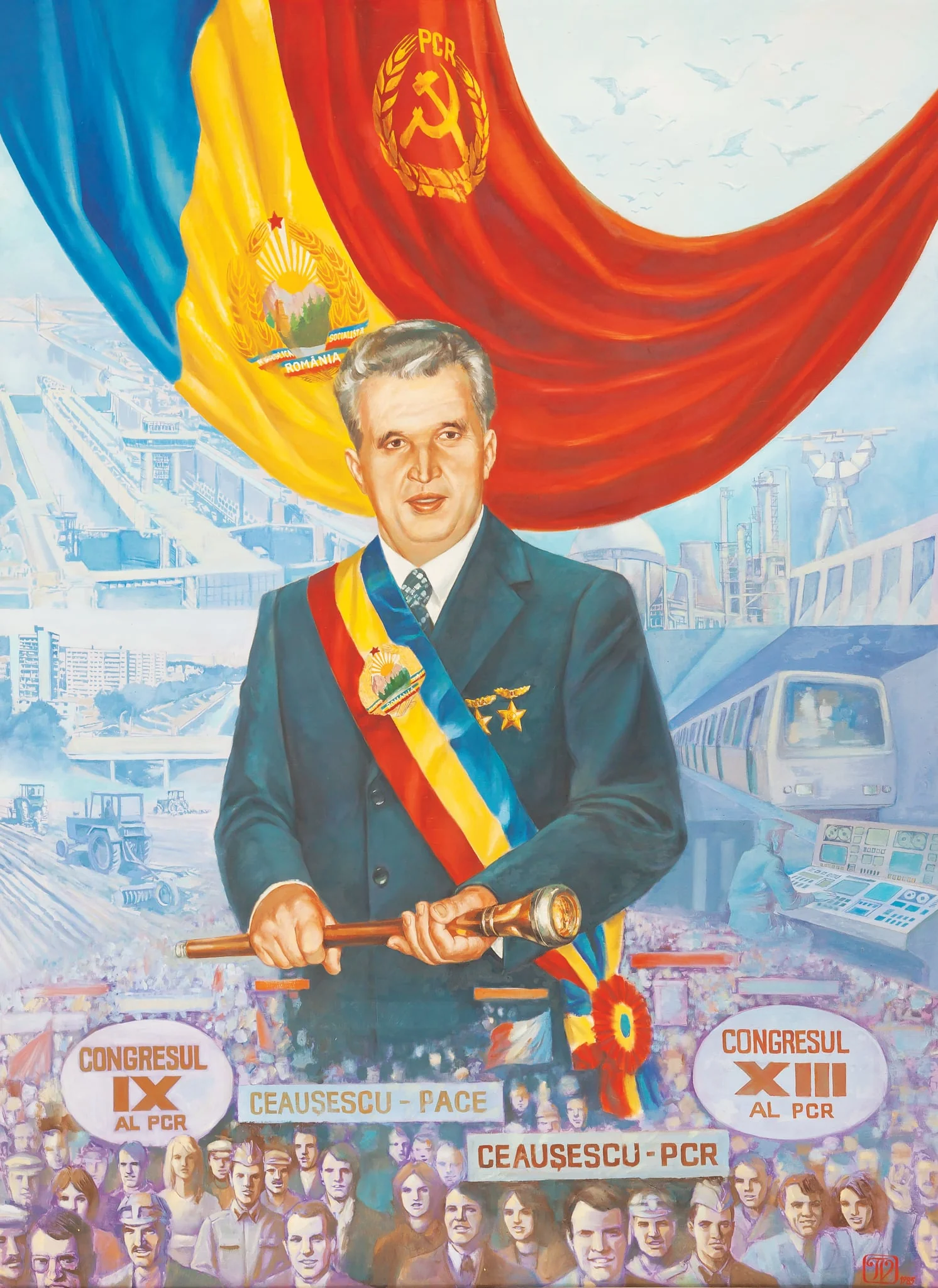 Tablou, ulei pe pânză, ”Ctitorul României Socialiste”, nesemnat, atribuit lui V.Tănase. Tabloul îl prezintă pe Nicolae Ceaușescu în prim plan purtând toate însemnele funcției: eșarfa tricoloră, sceptrul prezidențial, două însemne de ”Erou al Republicii Socialiste România”. În partea de sus a tabloului este redat steagul RSR unit cu steagul PCR. În partea de jos, poporul, oamenii muncii purtând pancarte cu ”Ceaușescu Pace”, ”Ceaușescu PCR”, ”Congresul IX al PCR” (alegerea lui Nicolae Ceaușescu în fruntea partidului), ”Congresul XII al PCR” (realegerea în fruntea partidului). Pe fundal sunt redate realizările socialismului: Canalul Dunăre Marea Neagră, Barajul Vidraru, metroul etc. Tablou comandat de Ministerul Apărării Nașionale (1985)., detail