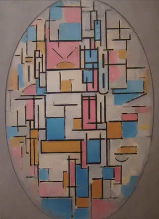 Composition in Oval with Color Planes 1, by Piet Mondrian, oil, 1914
