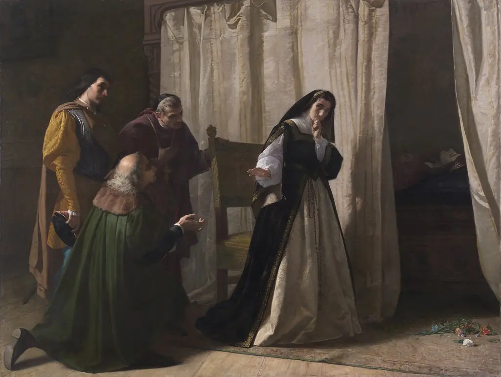 The madness of Joanna of Castile, by Lorenzo Vallés, oil, 1866