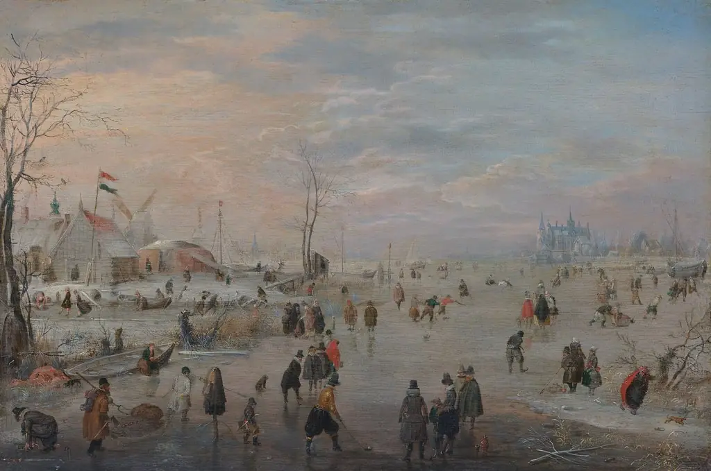 Enjoying the ice, by Hendrick Avercamp, oil, 1617
