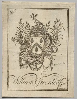Bookplate:  Coat of Arms with William Greenleaf Jun.r inscribed, by Nathaniel Hurd, 1764