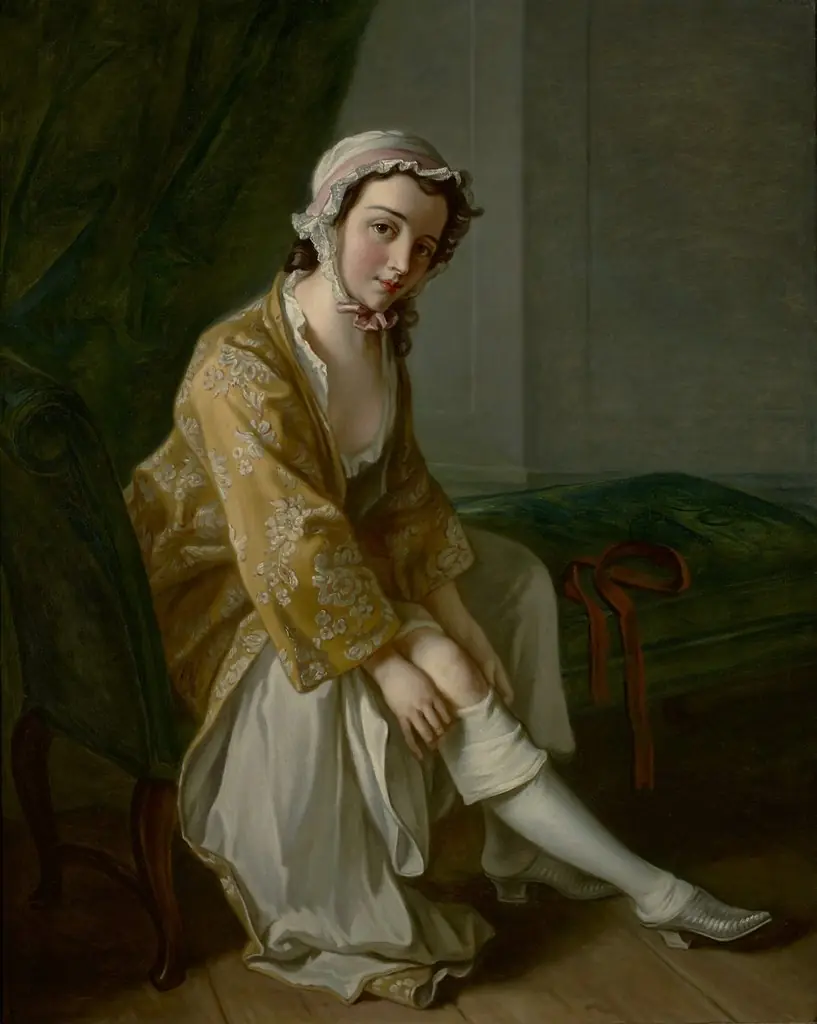 A Young Woman Pulling on Her Stocking, by Philippe Mercier, oil, 1734