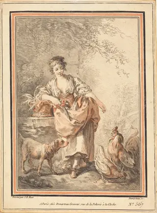 Woman Feeding Chickens, by Gilles-Antoine Demarteau, chalk, 1776