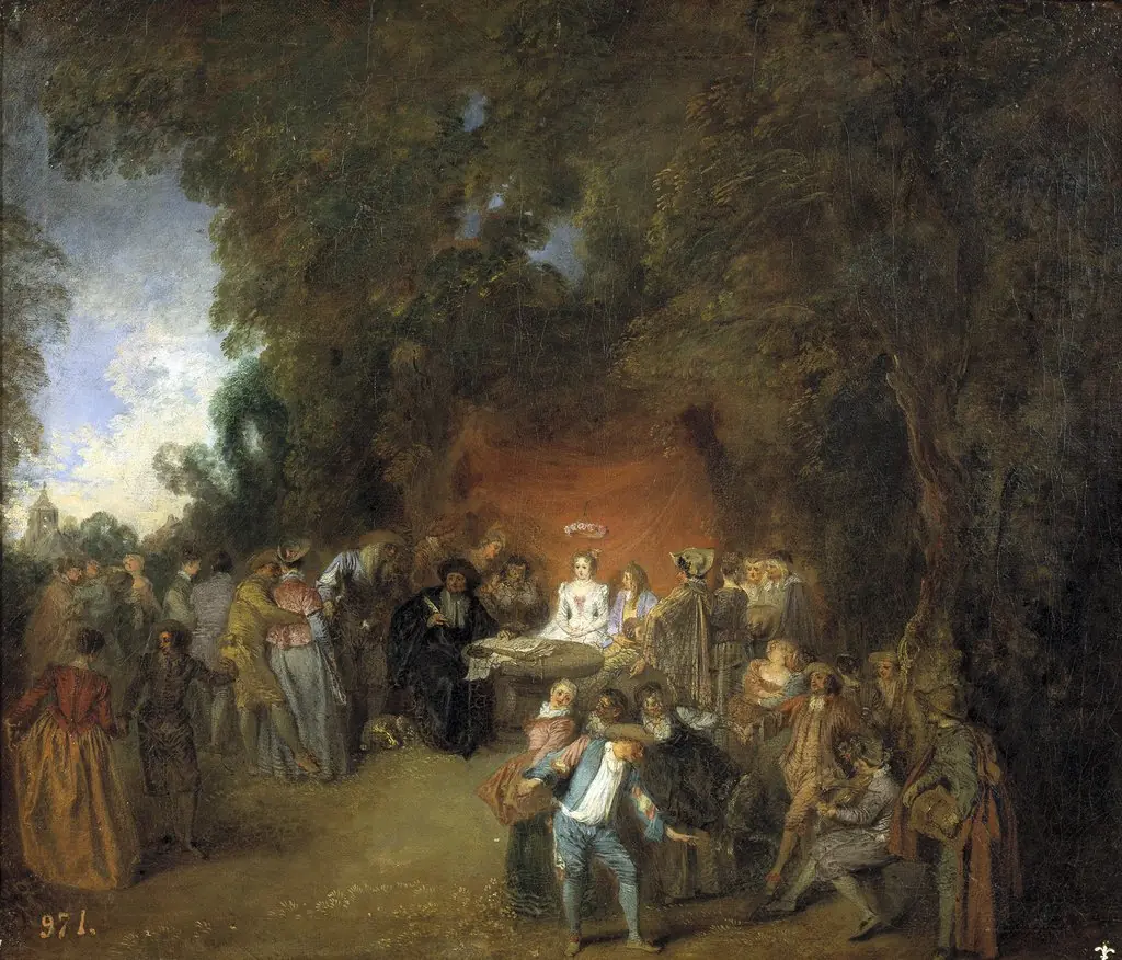 Marriage Contract and Country Dancing, by Jean Antoine Watteau, oil, 1711