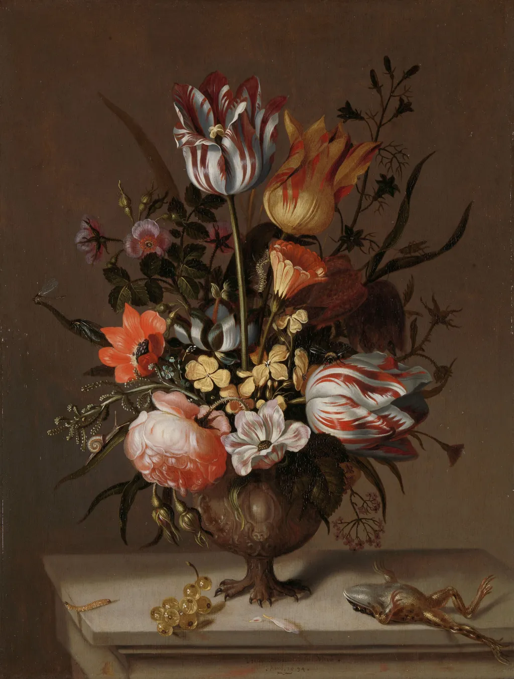 Still Life with a Vase of Flowers and a Dead Frog, by Jacob Marrel, oil, 1634