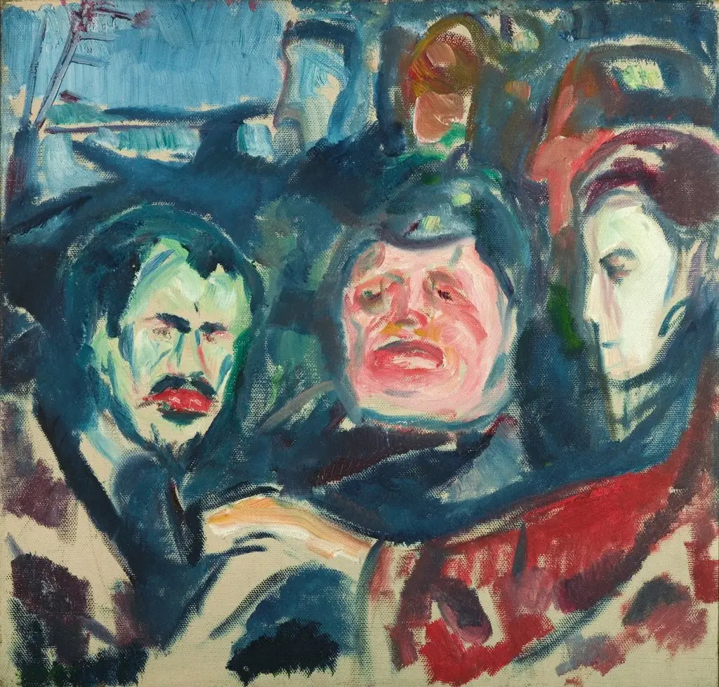 Three Men, by Edvard Munch, oil, 1927