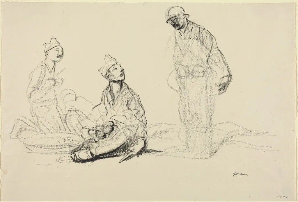 Soldiers Preparing a Meal, by Jean-Louis Forain, ink, 1916