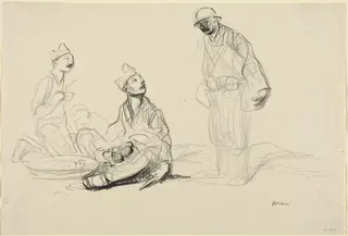 Soldiers Preparing a Meal, by Jean-Louis Forain, ink, 1916