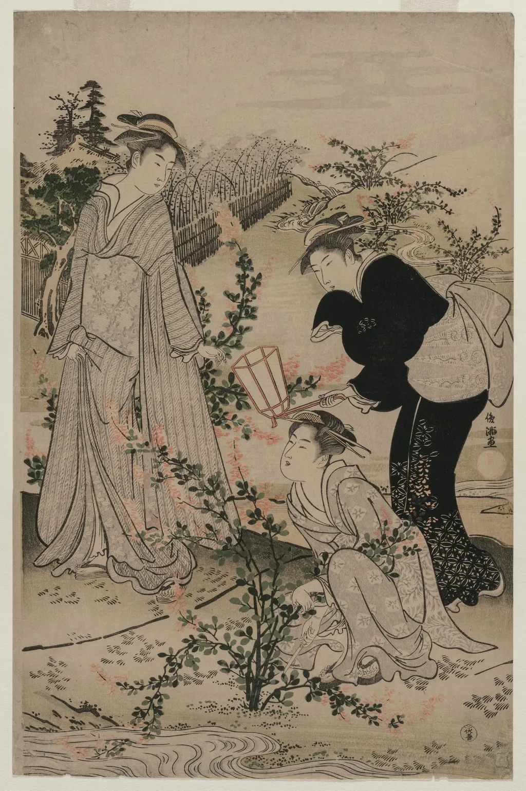 Women Cutting Branches of Bush Clover; The Noji Tama River in Omi Province, from an untitled series of the Six Tama Rivers, by Kubo Shunman, 1784