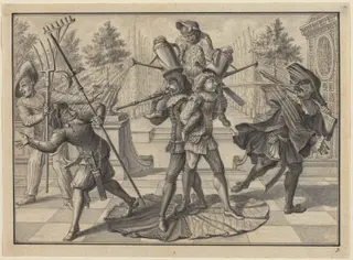 Harlequin and Scaramouche Create a "Fountain", by Johann Jacob Schübler, ink, 1729