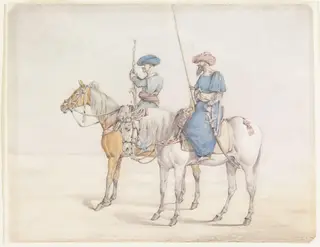 Two armed figures on horseback, probably Mamluks, by Henry Thomas Alken, watercolor, 1828