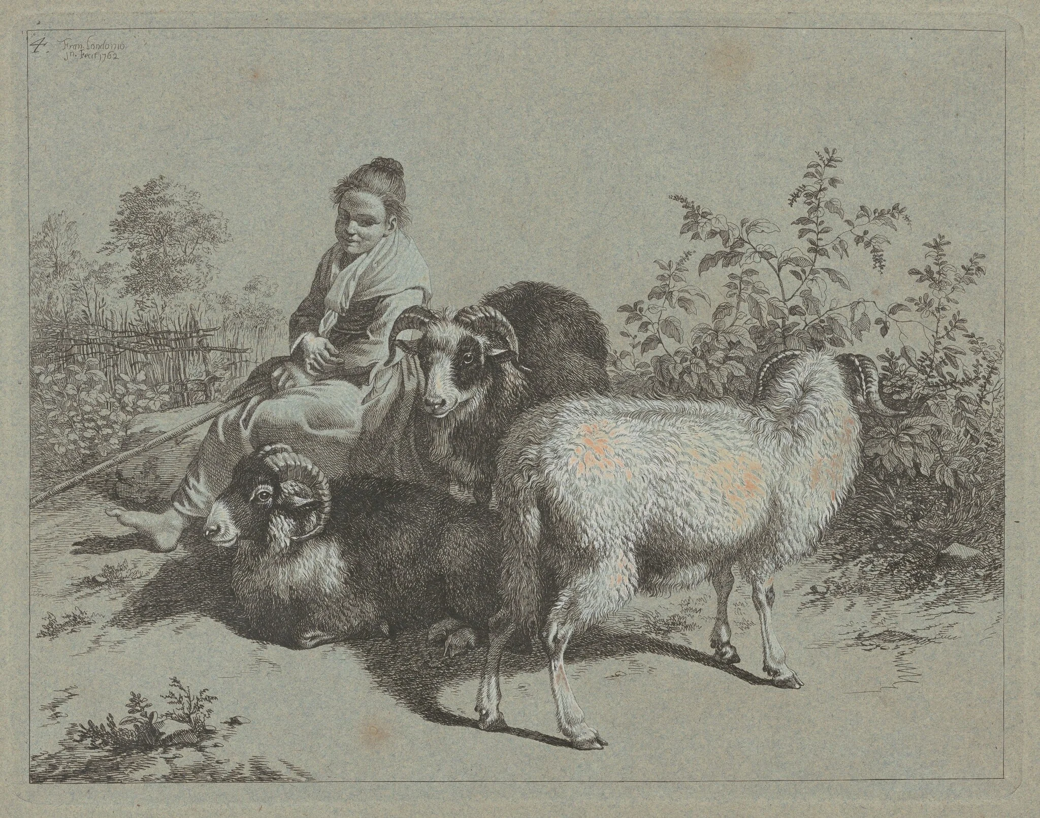 Seated Shepherdess with Three Rams, detail