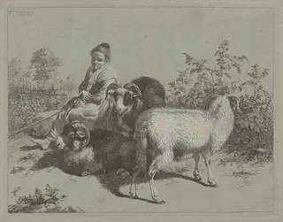 Seated Shepherdess with Three Rams, by Francesco Londonio, ink, 1762